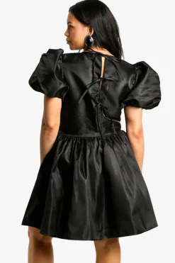 Skater Dresses*boohoo Plus Bow Back Puff Sleeve Smock Dress black