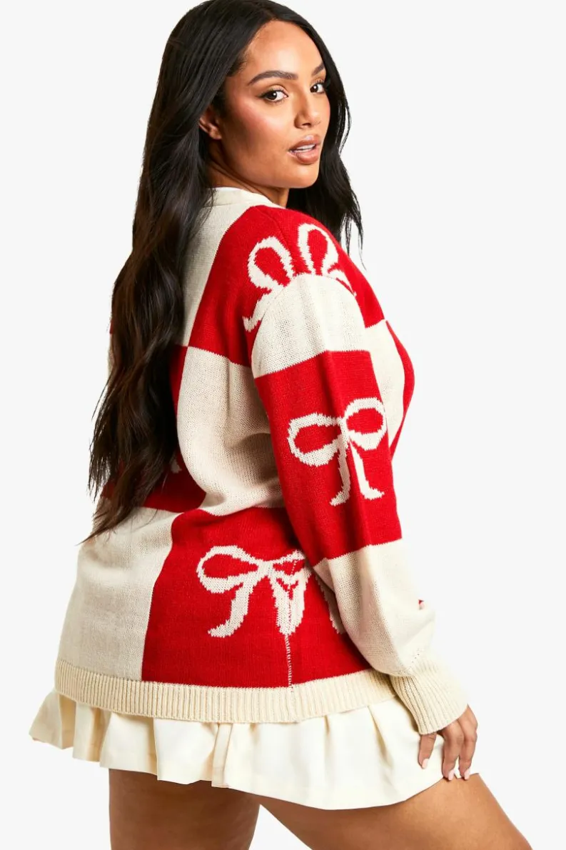 Jumpers*boohoo Plus Bow Christmas Cardigan red