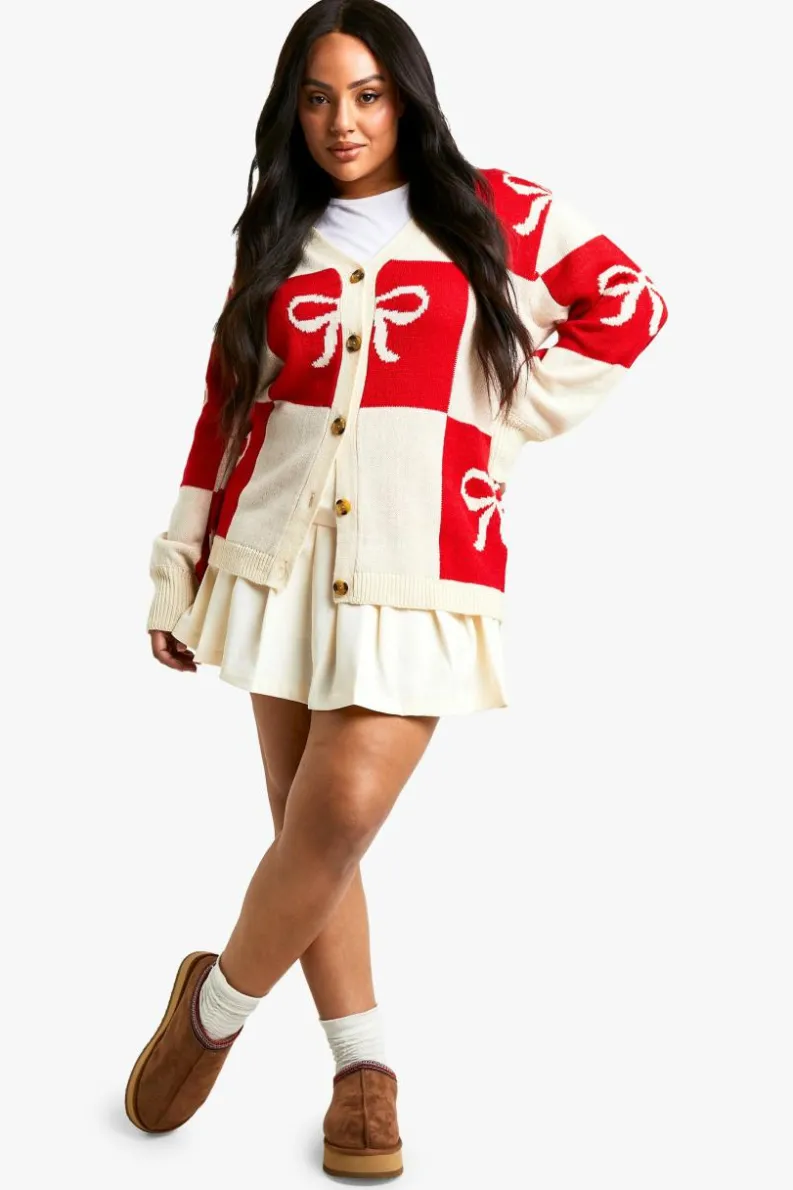 Jumpers*boohoo Plus Bow Christmas Cardigan red