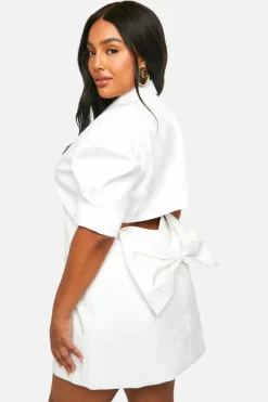 Blazer Dresses*boohoo Plus Bow Detail Puff Sleeve Blazer Dress white