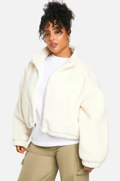 Up To 80% Off Winter Warmers|Bomber Jackets*boohoo Plus Boxy Teddy Bomber Jacket cream