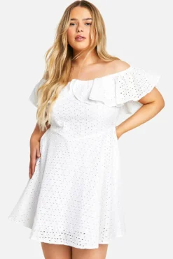Skater Dresses*boohoo Plus Broderie Ruffle Off Shoulder Skater Dress white