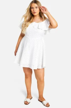 Skater Dresses*boohoo Plus Broderie Ruffle Off Shoulder Skater Dress white