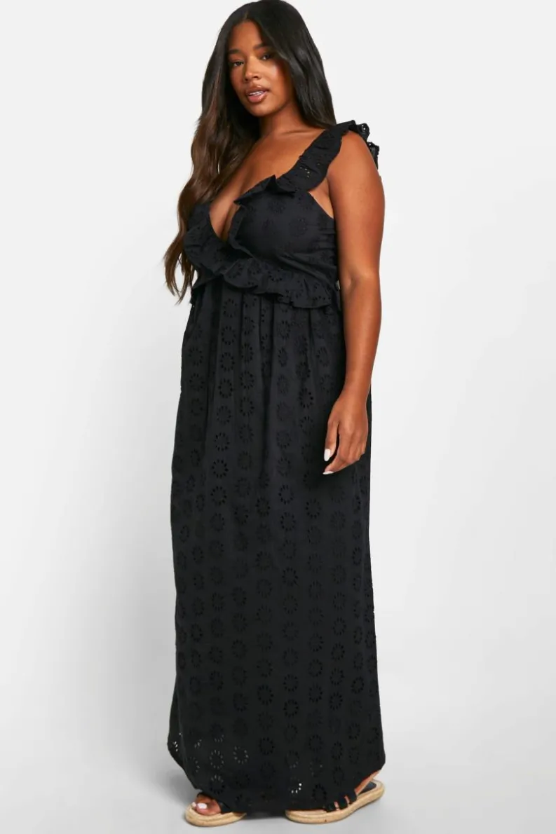 Skater Dresses*boohoo Plus Broderie Ruffle Plunge Maxi Dress black