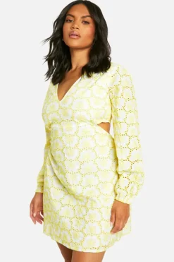 Skater Dresses|Mini Dresses*boohoo Plus Broderie Tie Back Balloon Sleeve Mini Dress lemon