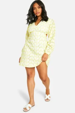 Skater Dresses|Mini Dresses*boohoo Plus Broderie Tie Back Balloon Sleeve Mini Dress lemon