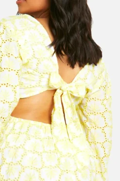 Skater Dresses|Mini Dresses*boohoo Plus Broderie Tie Back Balloon Sleeve Mini Dress lemon