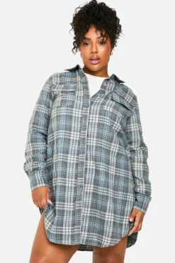 Shirt Dresses*boohoo Plus Brushed Check Shirt Dress navy