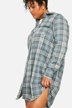 Shirt Dresses*boohoo Plus Brushed Check Shirt Dress navy