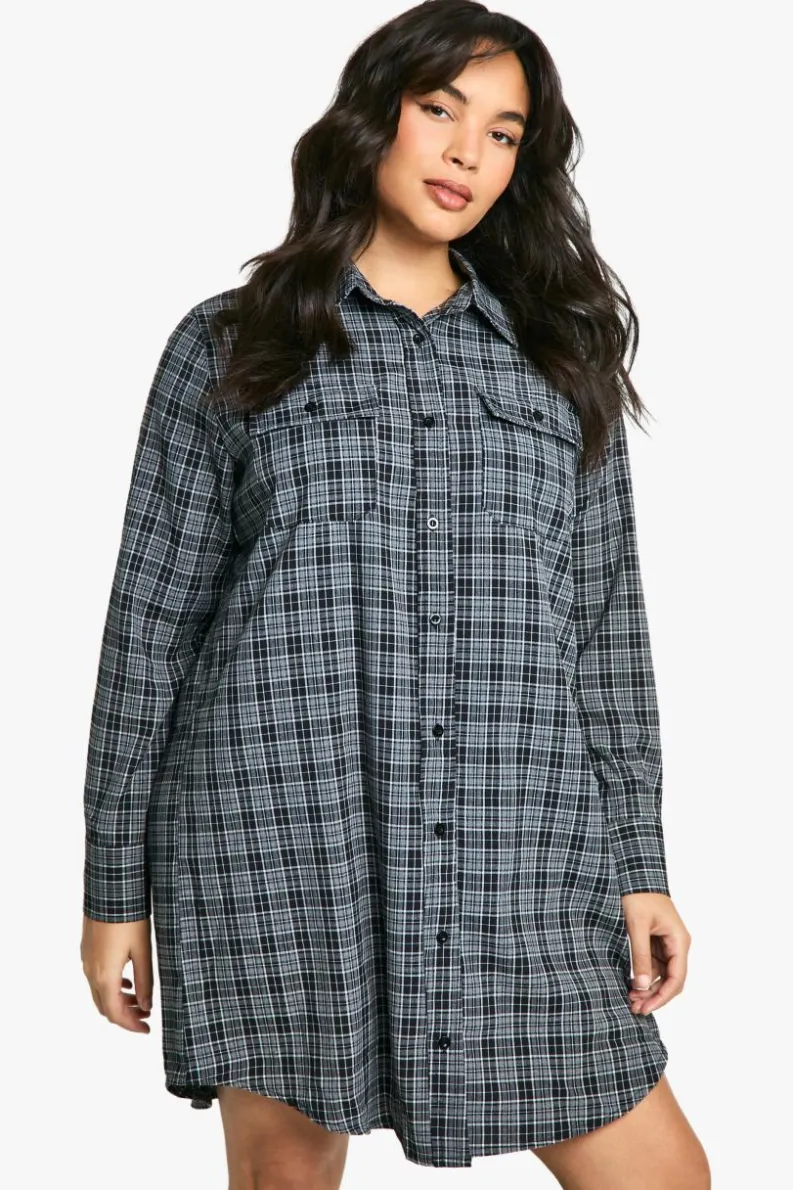 Shirt Dresses*boohoo Plus Brushed Check Shirt Dress black
