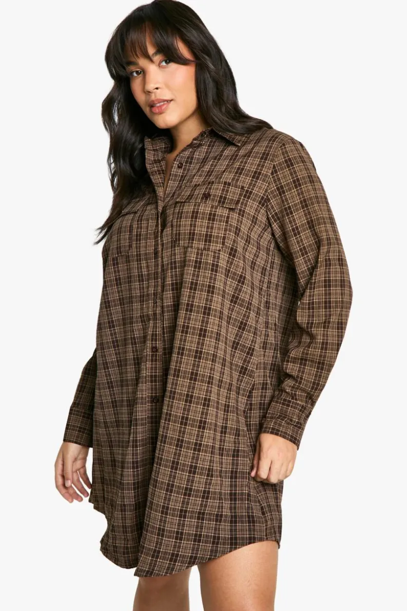 Shirt Dresses*boohoo Plus Brushed Check Shirt Dress chocolate
