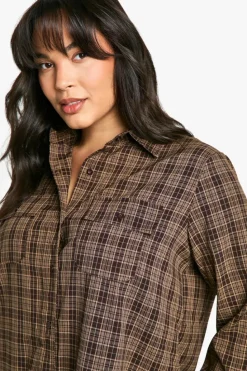 Shirt Dresses*boohoo Plus Brushed Check Shirt Dress chocolate