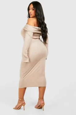 T-Shirt Dresses*boohoo Plus Brushed Rib Bardot Midaxi Dress stone