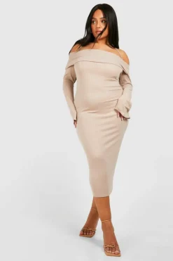 T-Shirt Dresses*boohoo Plus Brushed Rib Bardot Midaxi Dress stone