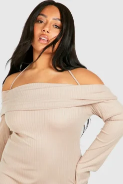 T-Shirt Dresses*boohoo Plus Brushed Rib Bardot Midaxi Dress stone