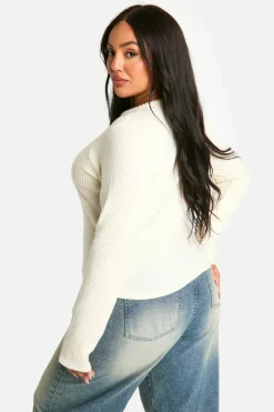 Cardigans|Knitwear*boohoo Plus Brushed Rib Button Through Cardigan ecru