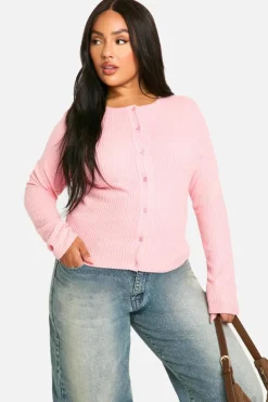 Cardigans|Knitwear*boohoo Plus Brushed Rib Button Through Cardigan baby pink