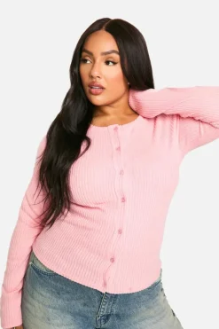 Cardigans|Knitwear*boohoo Plus Brushed Rib Button Through Cardigan baby pink