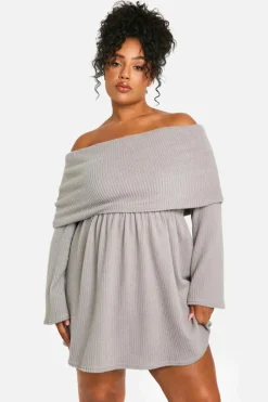 Skater Dresses*boohoo Plus Brushed Rib Off Shoulder Skater Dress grey