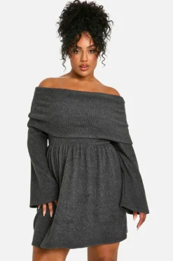 Skater Dresses*boohoo Plus Brushed Rib Off Shoulder Skater Dress charcoal