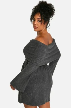 Skater Dresses*boohoo Plus Brushed Rib Off Shoulder Skater Dress charcoal