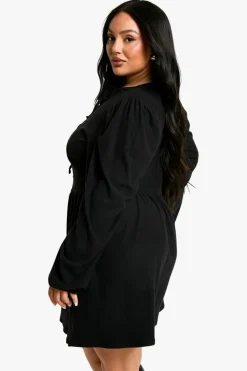 Smock Dresses*boohoo Plus Brushed Rib Tie Front Smock Dress black