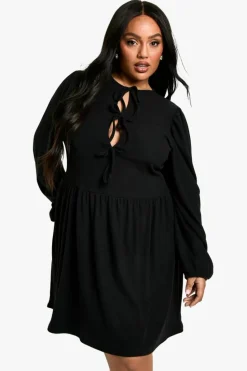 Smock Dresses*boohoo Plus Brushed Rib Tie Front Smock Dress black