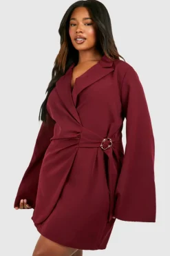 Blazer Dresses*boohoo Plus Buckle Detail Tie Waist Tailored Blazer Dress merlot