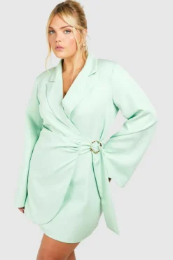 Blazer Dresses*boohoo Plus Buckle Detail Tie Waist Tailored Blazer Dress sage
