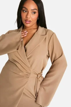 Blazer Dresses|Suits & Tailoring*boohoo Plus Buckle Detail Tie Waist Tailored Blazer Dress taupe