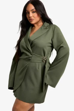 Blazer Dresses|Suits & Tailoring*boohoo Plus Buckle Detail Tie Waist Tailored Blazer Dress khaki
