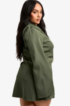 Blazer Dresses|Suits & Tailoring*boohoo Plus Buckle Detail Tie Waist Tailored Blazer Dress khaki