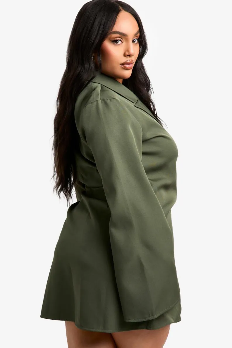Blazer Dresses|Suits & Tailoring*boohoo Plus Buckle Detail Tie Waist Tailored Blazer Dress khaki