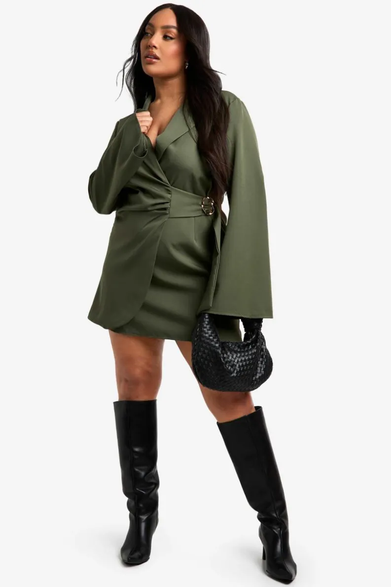 Blazer Dresses|Suits & Tailoring*boohoo Plus Buckle Detail Tie Waist Tailored Blazer Dress khaki
