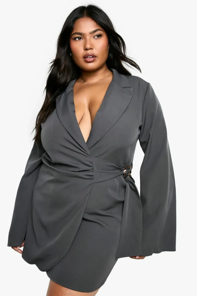 Blazer Dresses|Suits & Tailoring*boohoo Plus Buckle Detail Tie Waist Tailored Blazer Dress charcoal