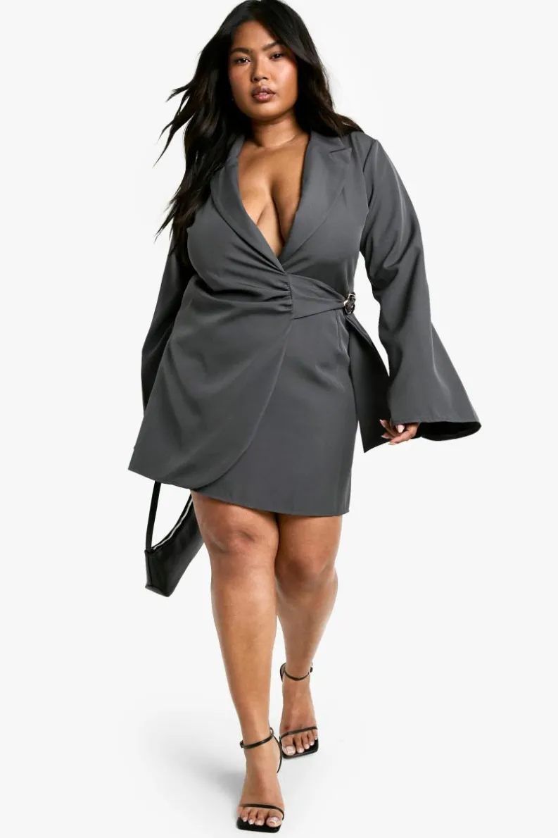 Blazer Dresses|Suits & Tailoring*boohoo Plus Buckle Detail Tie Waist Tailored Blazer Dress charcoal