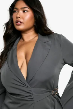 Blazer Dresses|Suits & Tailoring*boohoo Plus Buckle Detail Tie Waist Tailored Blazer Dress charcoal