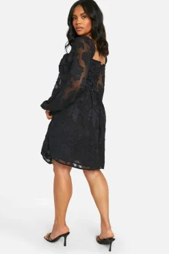 Skater Dresses*boohoo Plus Burnout Corset Detail Long Sleeve Skater Dress black