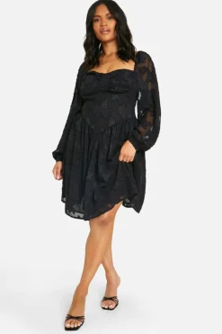 Skater Dresses*boohoo Plus Burnout Corset Detail Long Sleeve Skater Dress black