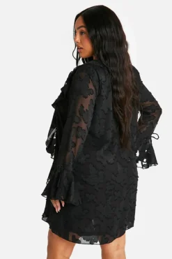 Mini Dresses|Long Sleeve Dresses*boohoo Plus Burnout Floral Ruffle Shift Dress black