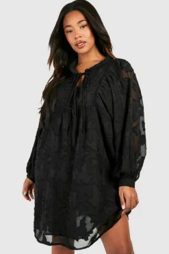Smock Dresses*boohoo Plus Burnout Mesh High Neck Long Sleeve Mini Dress black
