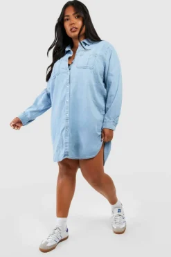 Shirt Dresses|Denim*boohoo Plus Button Down Denim Shirt Dress light blue