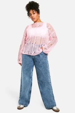 Oversized Jumpers|Jumpers*boohoo Plus Cable Detail Sheer Oversized Jumper pink