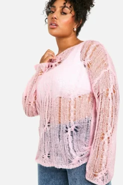 Oversized Jumpers|Jumpers*boohoo Plus Cable Detail Sheer Oversized Jumper pink