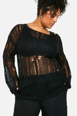 Oversized Jumpers*boohoo Plus Cable Detail Sheer Oversized Jumper black
