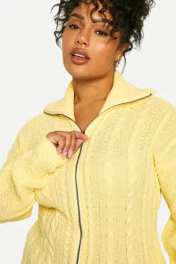 Cardigans*boohoo Plus Cable Zip Through Jumper lemon
