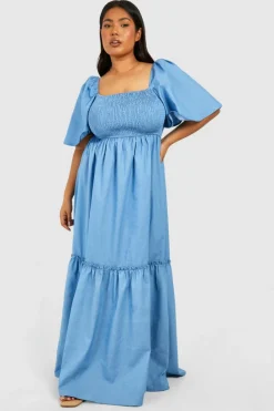 Smock Dresses*boohoo Plus Chambray Puff Sleeve Midaxi Smock Dress blue