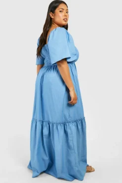 Smock Dresses*boohoo Plus Chambray Puff Sleeve Midaxi Smock Dress blue