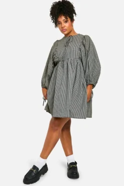 Smock Dresses*boohoo Plus Check Blouse Sleeve Smock Dress black