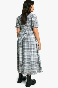 Skater Dresses*boohoo Plus Check Shirred Midaxi Dress black